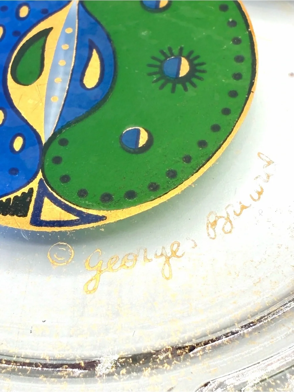 Vintage Georges Briard Divided Glass Serving Tray Gold Blue Green Fruit MCM